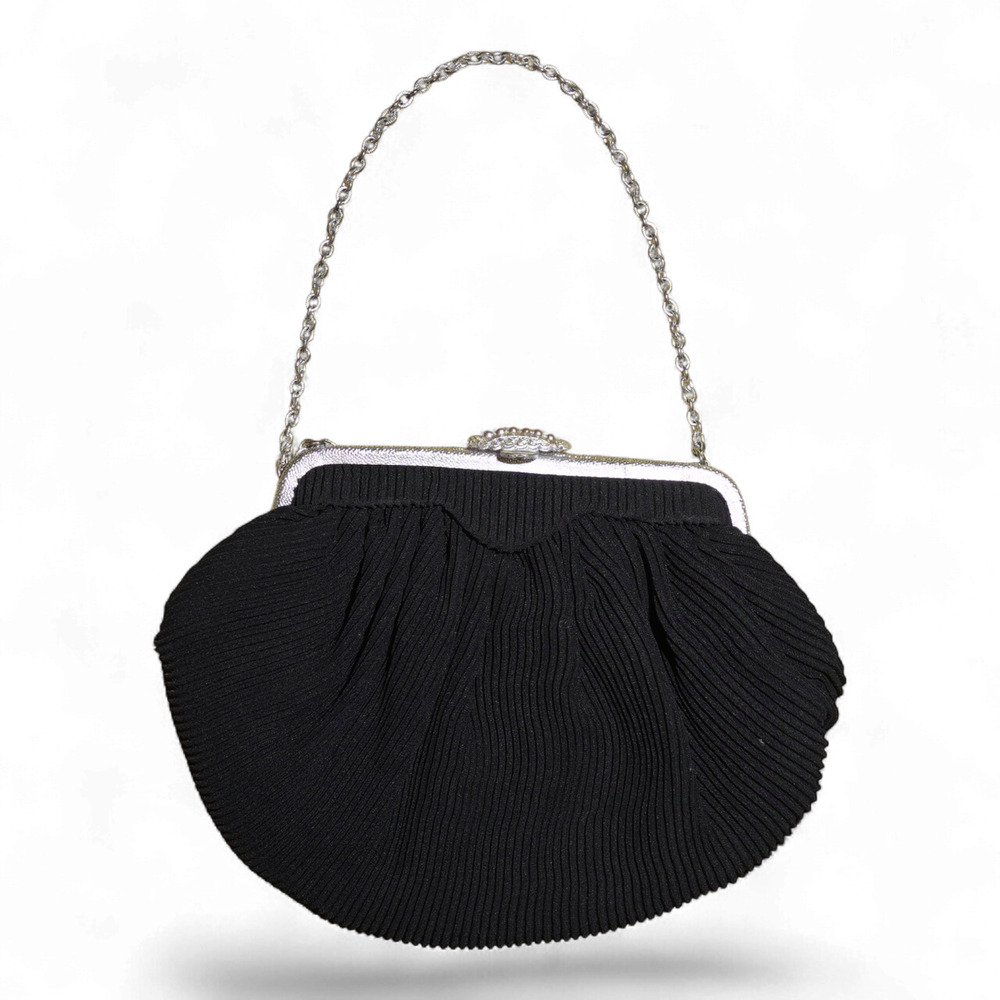 Vintage La Marquise Pleated Evening Bag Black w/ Silver Frame Kiss Lock 40s EUC